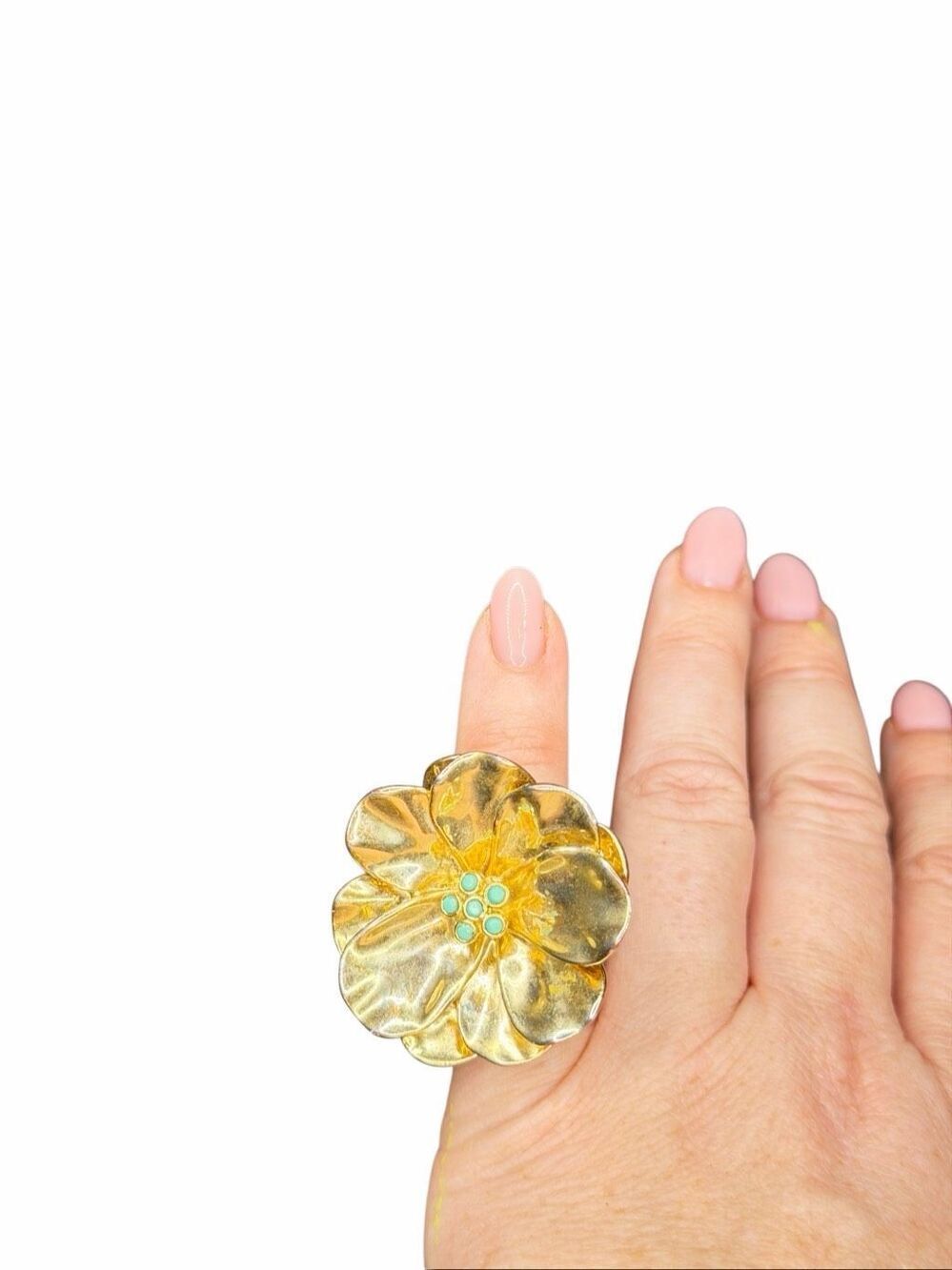 Anthropologie gold floral ring with torquoise center- size 5